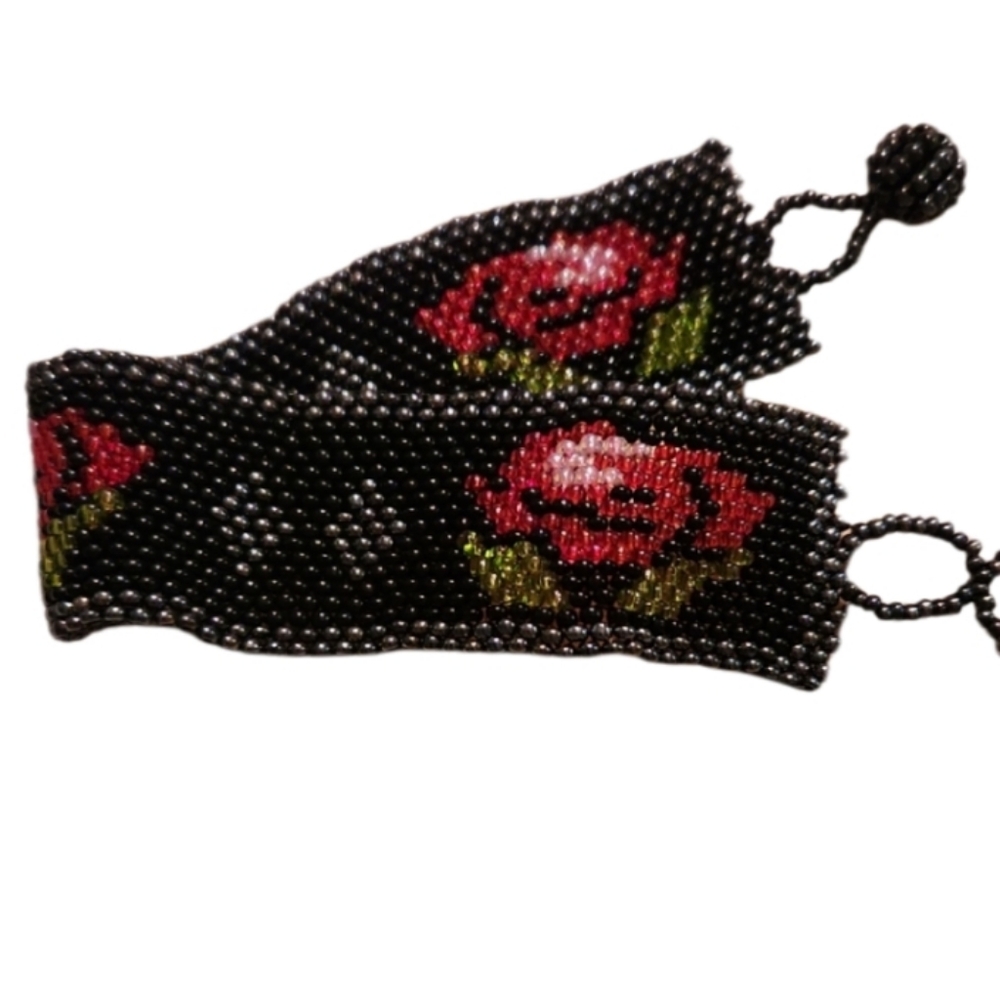 Vintage Seed Beaded Black Bracelet with Red Rose Design